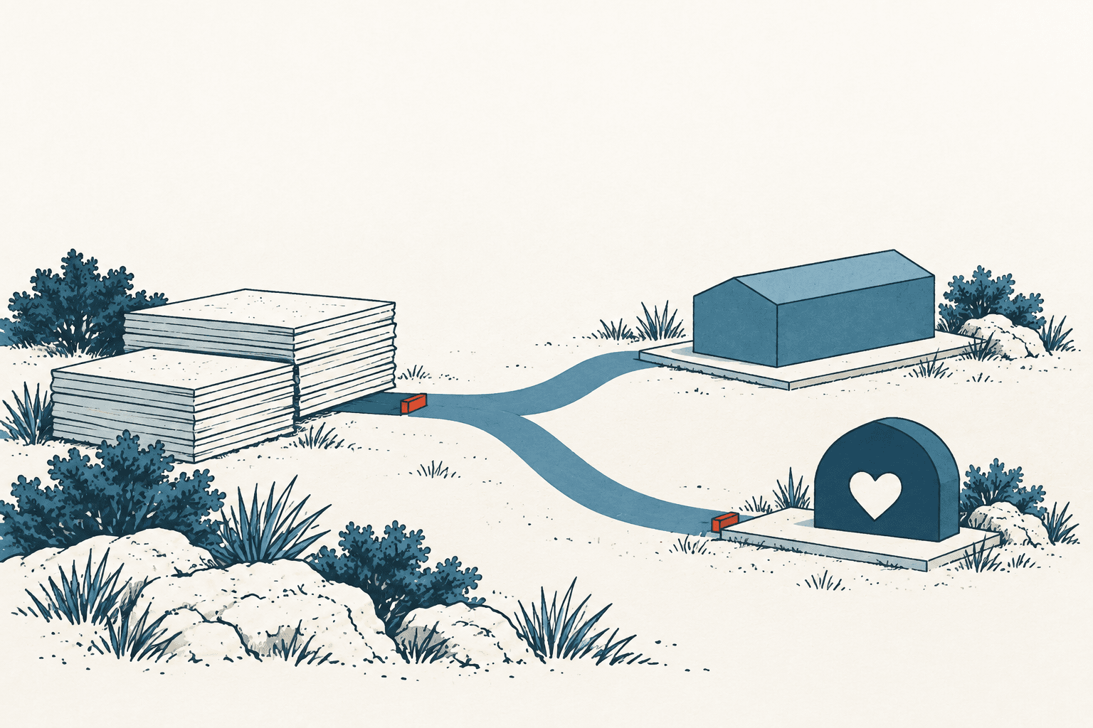 Stylized stacks of budget papers connect by branching blue paths to an annex building and a smaller building marked with a heart-shaped opening.