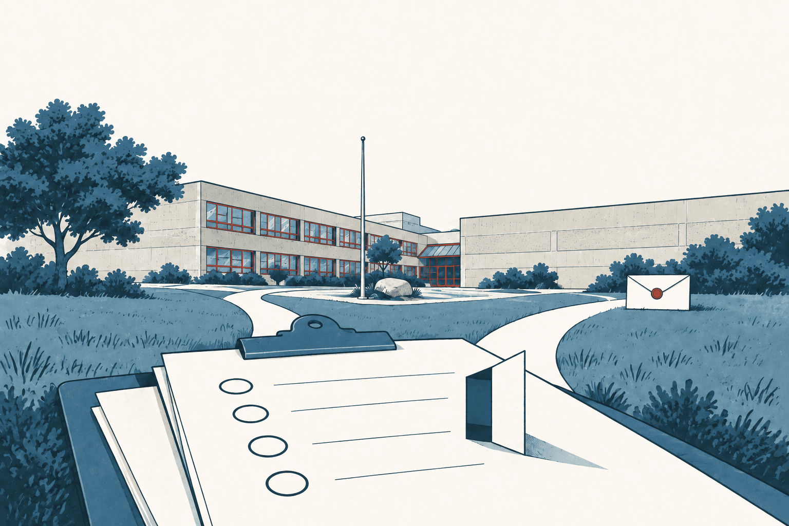 Stylized cream, navy and muted-blue illustration of a school campus with a blank survey form on a clipboard in the foreground and a sealed envelope nearby.