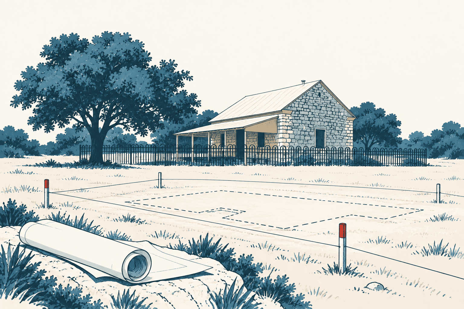 Stylized cream and muted-blue illustration of a stone building behind a fence, with survey stakes, boundary lines and a rolled plan in the foreground.