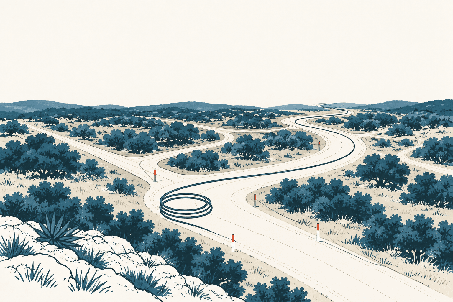 Stylized cream-and-blue illustration of multiple winding roads crossing a scrub-covered landscape, with one roadway curling into a loop in the foreground.