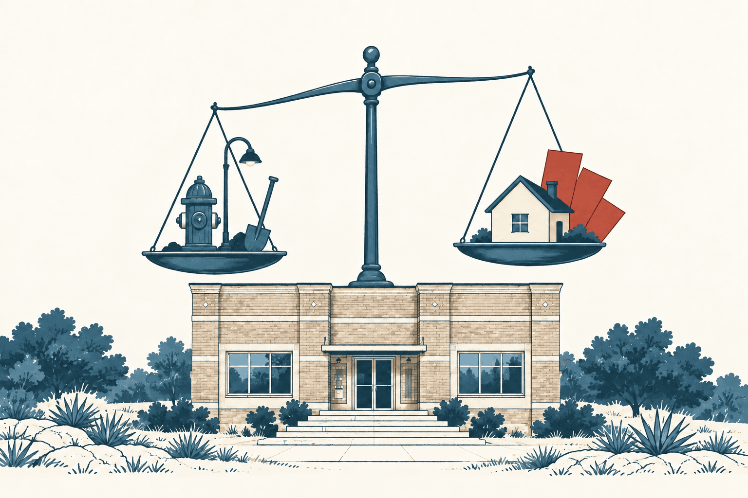 Editorial illustration of a municipal building beneath a balance scale, with a fire hydrant, streetlight and shovel on one side and a house with red tax bills on the other.