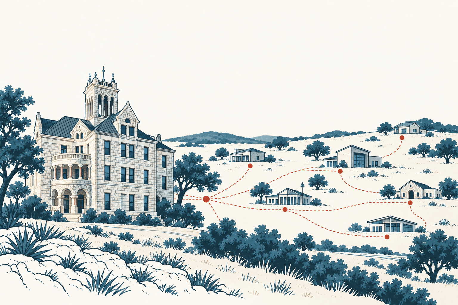 Stylized cream and navy illustration of a historic county courthouse beside rolling countryside, with dotted red routes linking multiple voting-center buildings.