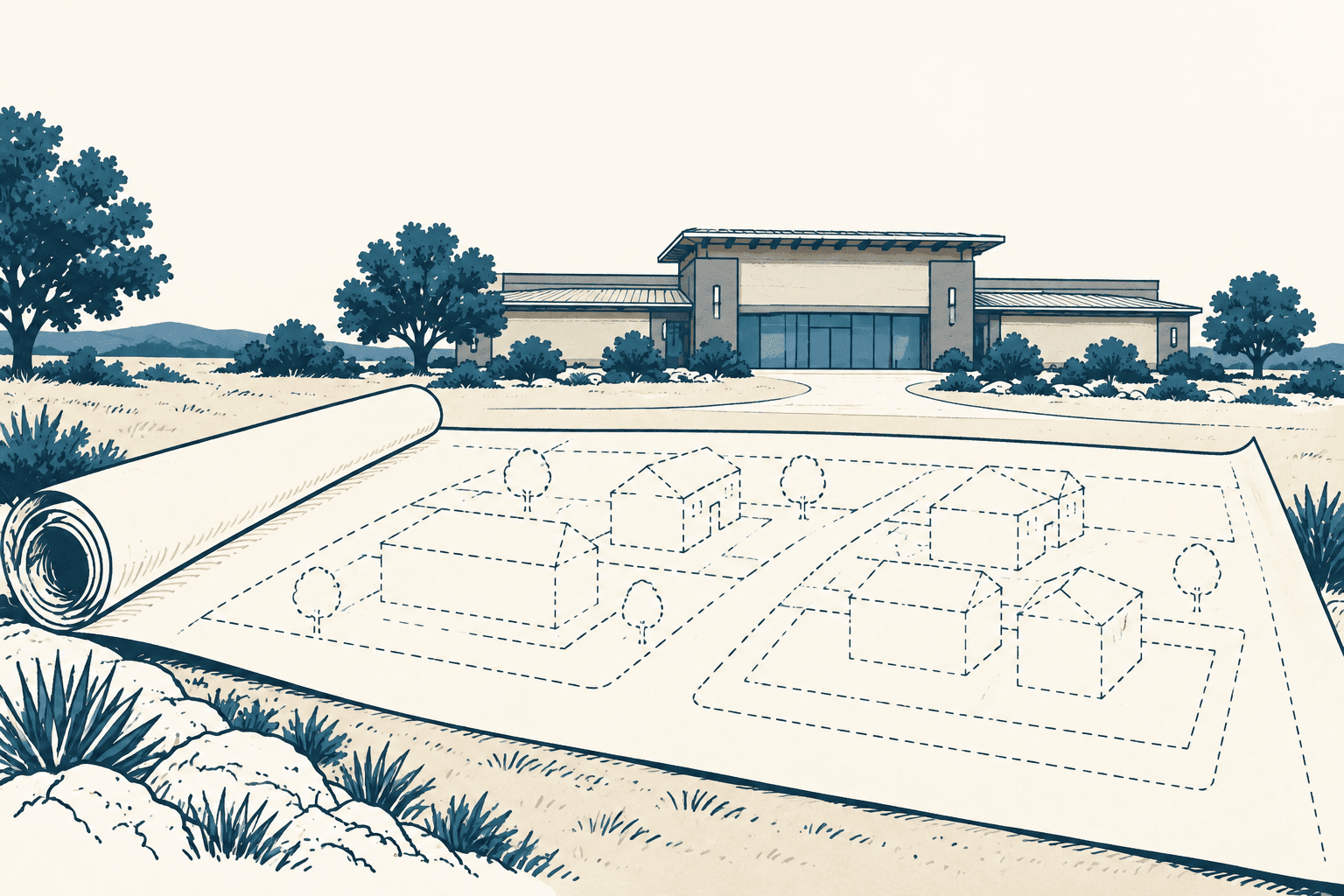 A rolled plan showing dashed outlines of houses lies before a modern building, with blue trees and shrubs around it.