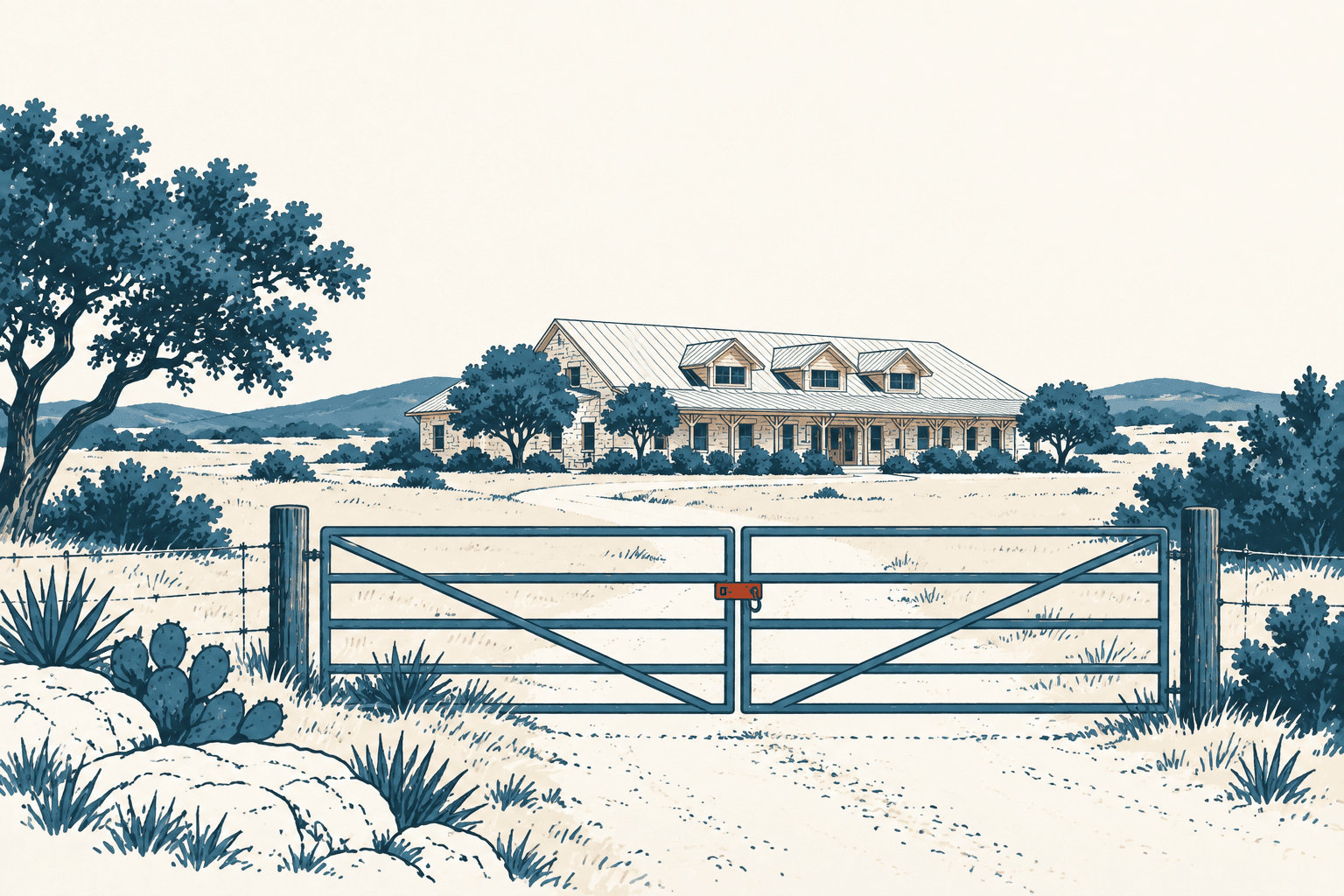 Airy cream and muted-blue illustration of a closed ranch gate, rural home, oak trees and low hills.