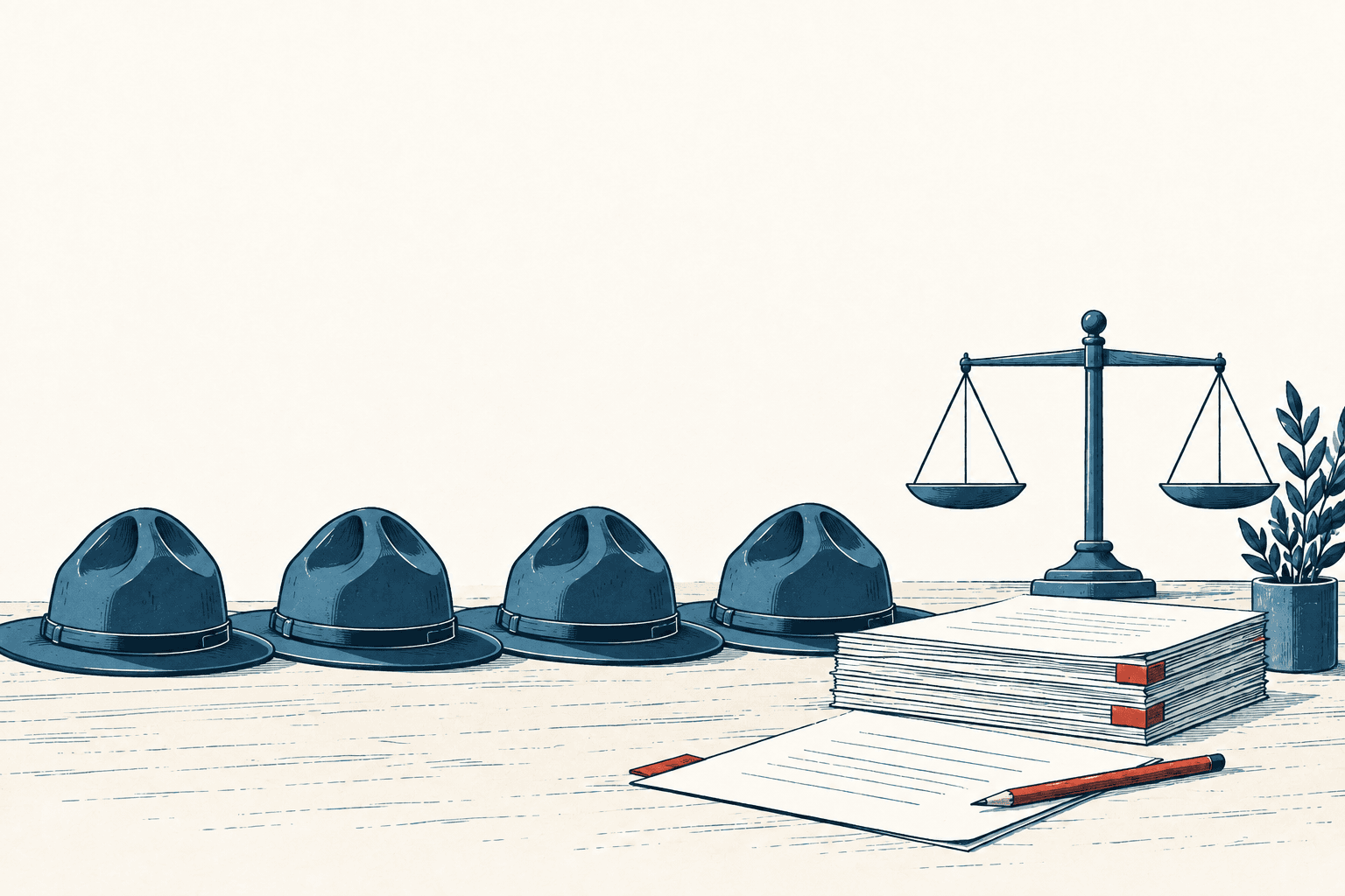 Four navy police hats line a desk beside stacked budget papers, a red pencil, balanced scales and a small plant.