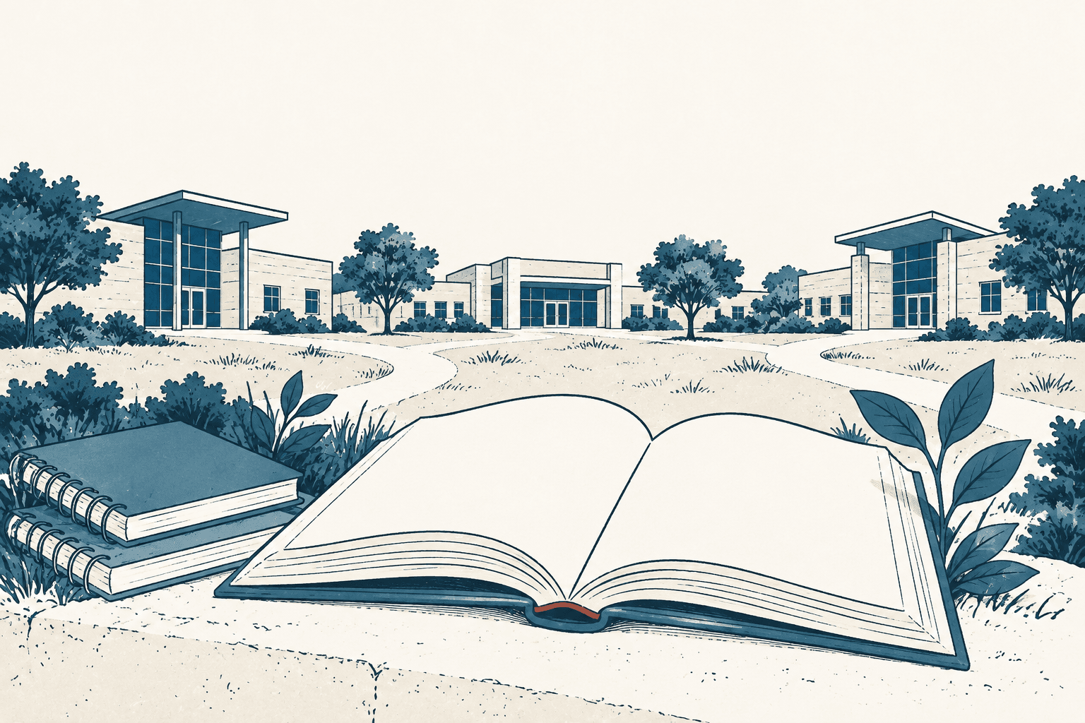 An open book and two notebooks sit before several school buildings and trees in a cream and muted blue illustration.