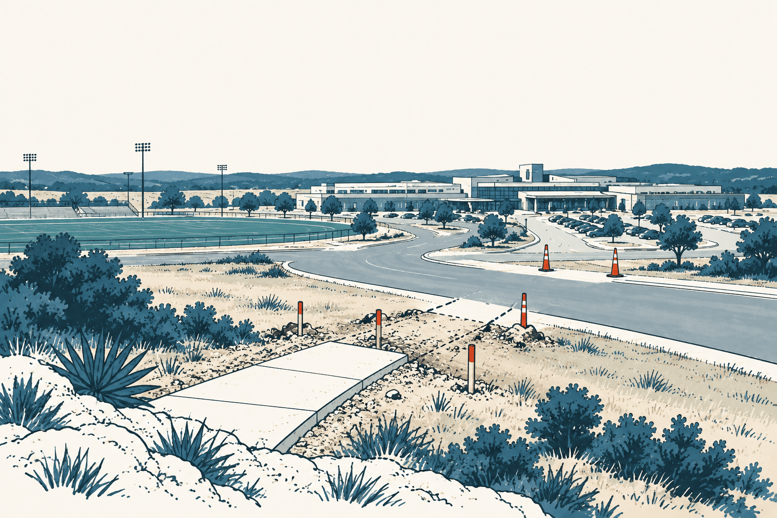 Editorial illustration of a school campus beside a curving access road, with an unfinished sidewalk, construction stakes and traffic cones in the foreground.